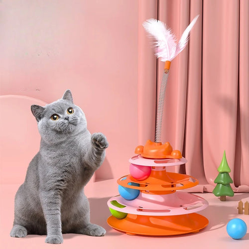 1pcs 4-Layer Feather Cat Turntable With Fun Toy Ball And Playing Stick