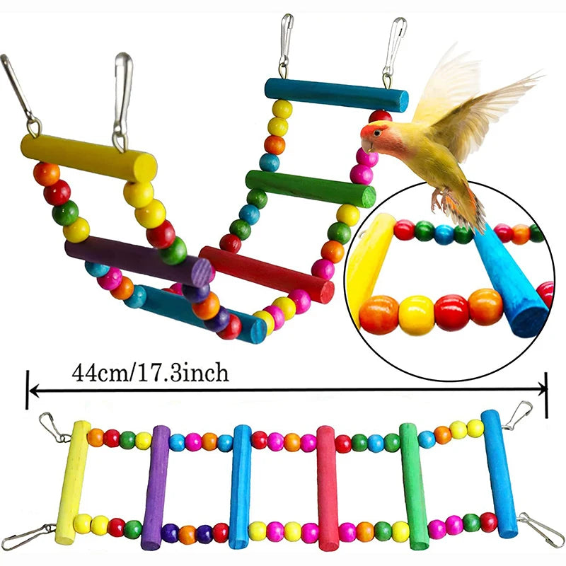 7PCS Bird Toy Wood Parrot Toys Set Cage Bird Accessories Swing