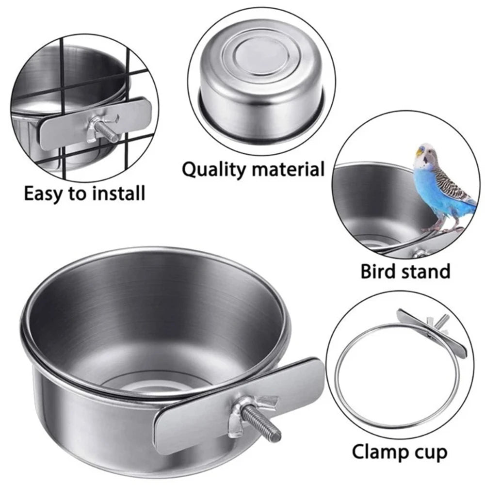 Parrot Rabbit Hamster Pet Food Dish Stainless Steel Clamp-on Water