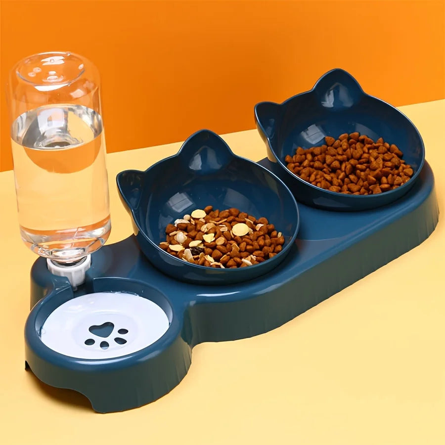 Pet Bowls With Water Feeder, 3 In 1 Ear Design Tilted Cat Water And