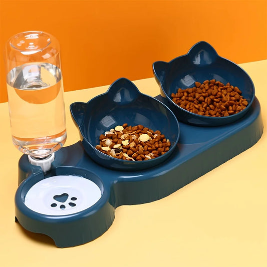 Pet Bowls With Water Feeder, 3 In 1 Ear Design Tilted Cat Water And