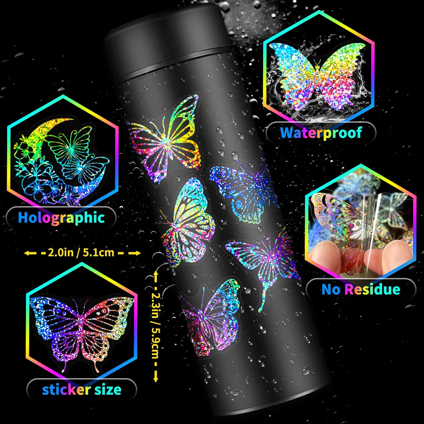 100 PCS/PACK Transparent Butterfly Laser Stickers Holographic Stickers