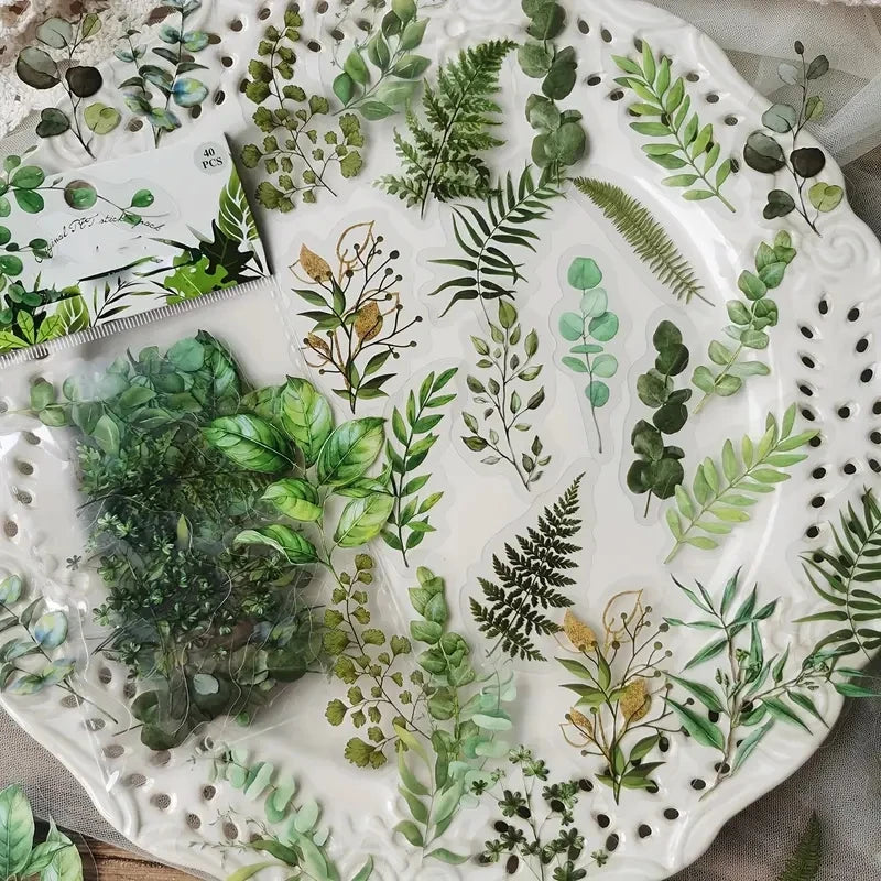 JIANQI 40Pcs Natural plants Flower Stickers DIY scrapbook PET Material