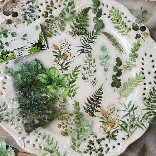 JIANQI 40Pcs Natural plants Flower Stickers DIY scrapbook PET Material