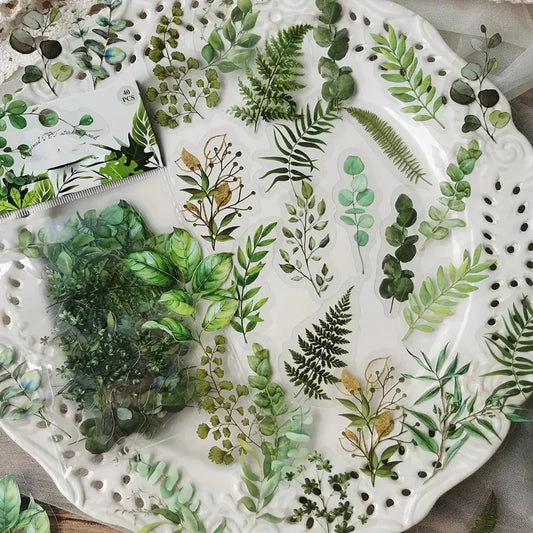 JIANQI 40Pcs Natural plants Flower Stickers DIY scrapbook PET Material