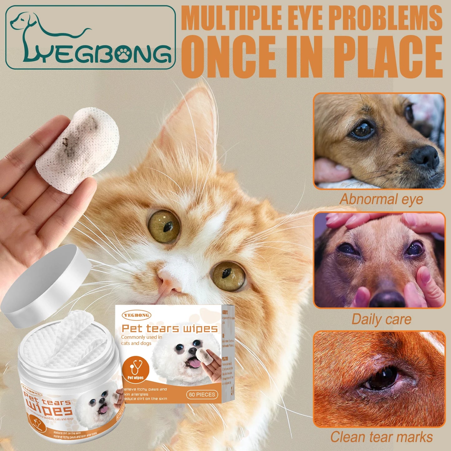 YEGBONG Pet Eye Wipe for Cats Dogs Remove Tear Marks Stain Cleaning
