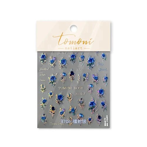 Japanese Vintage Red & Blue Rose Flower Laser Gold Silver Nail