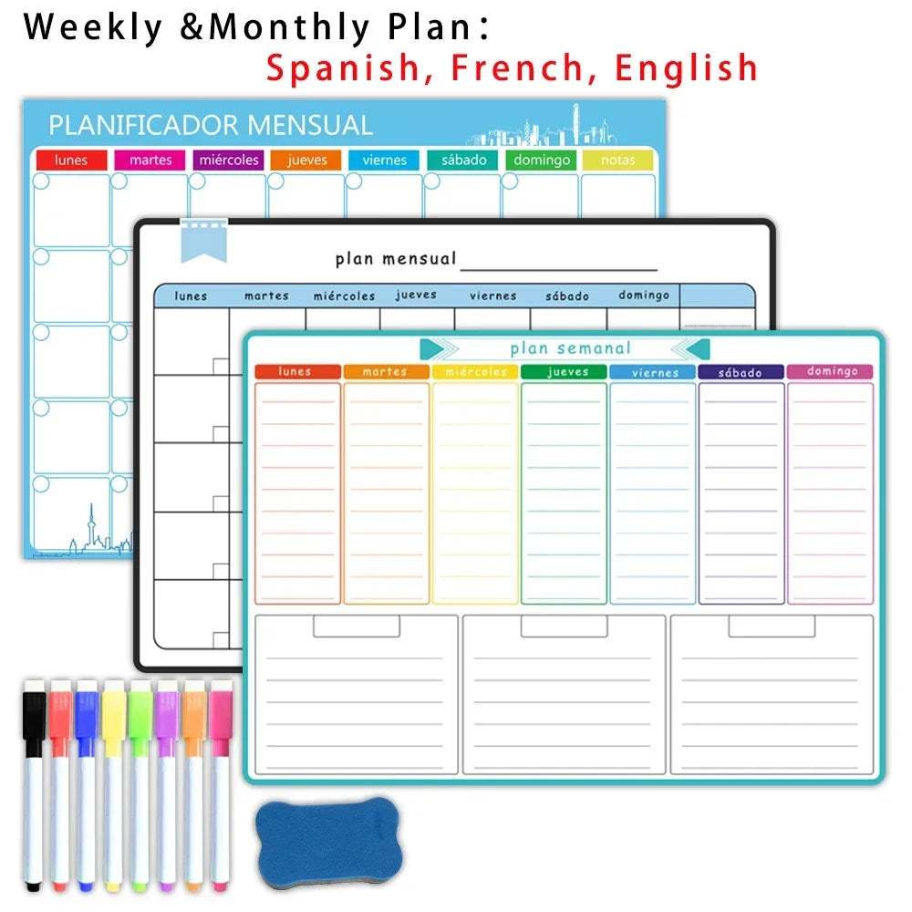 A3 Size Magnetic Weekly &monthly Planner：Spanish, French, English.Dry