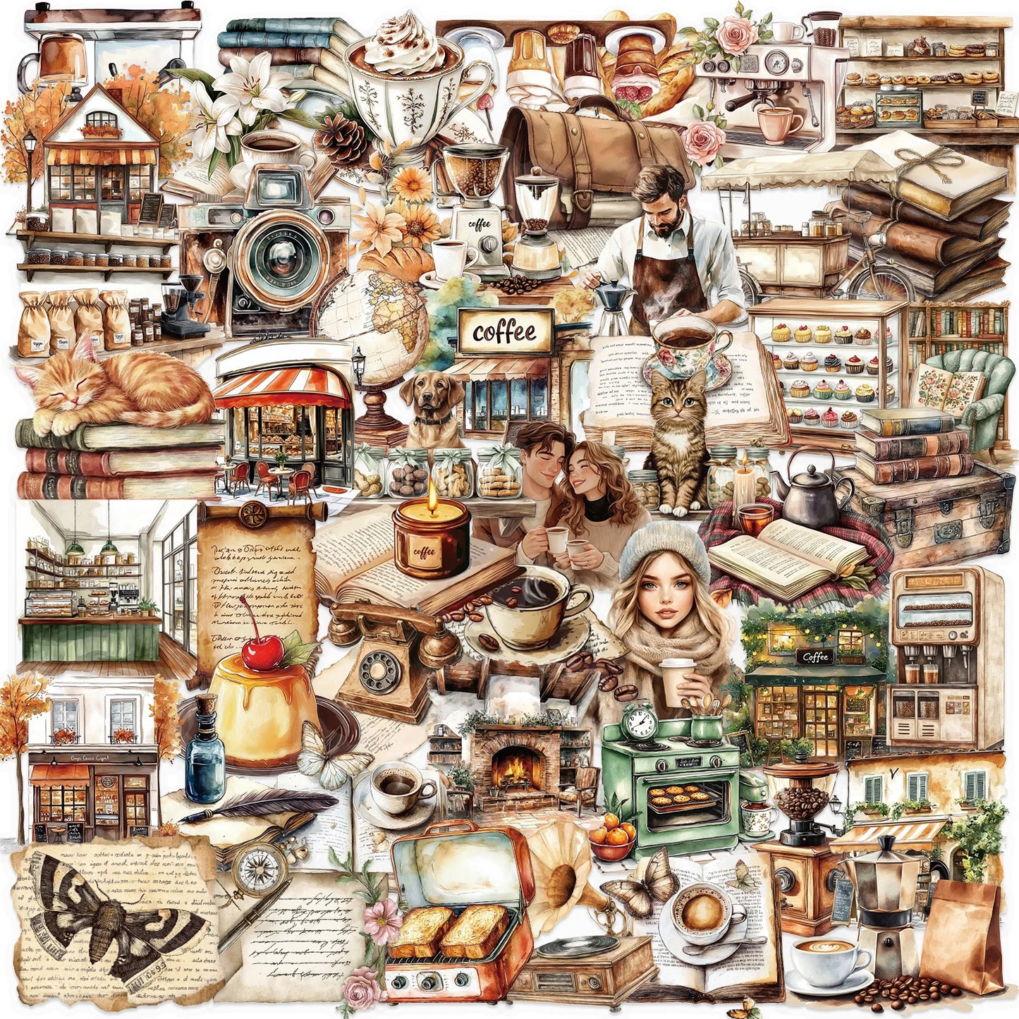50pcs Retro Coffee Alphabet Theme Clip Stickers Aesthetic Waterproof