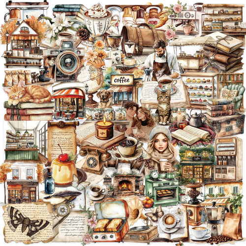 50pcs Retro Coffee Alphabet Theme Clip Stickers Aesthetic Waterproof