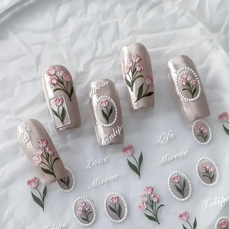1piece 5Dcute tulip flower nail stickers high quality self-adhesive