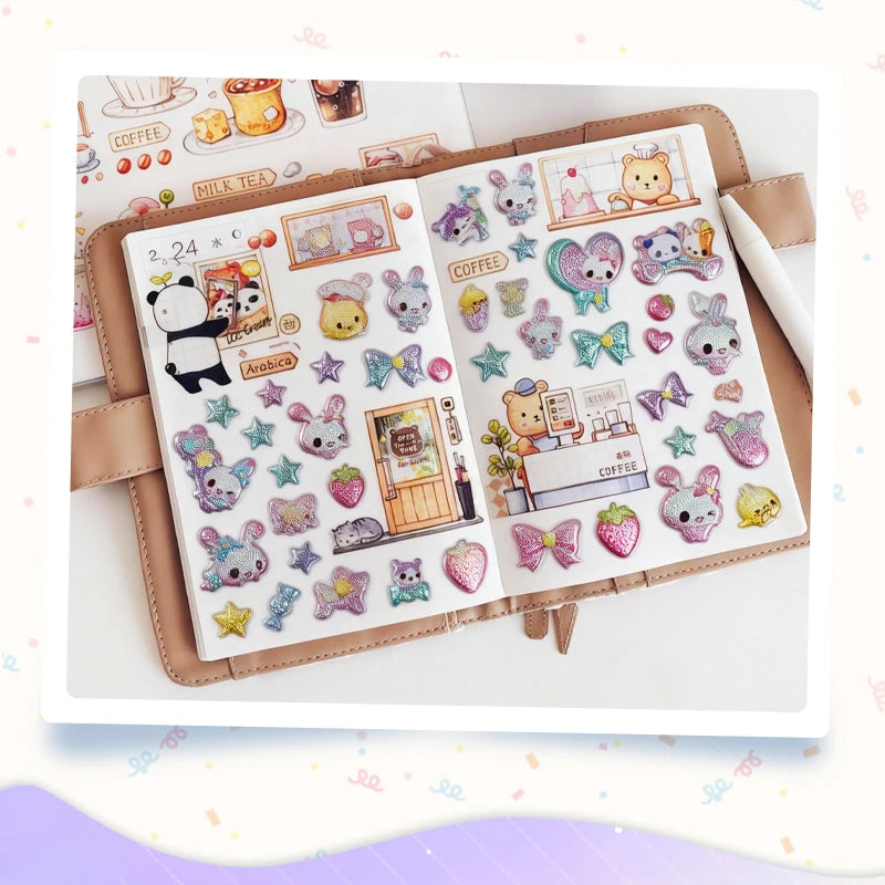 3 pcs/6 pcs Sweet Candy Pets Cat Coffee Cakes Flash Puffy 3D Stickers