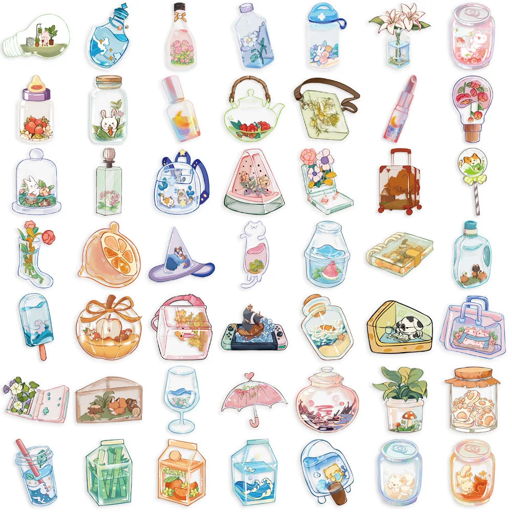 50pcs Cartoon Transparent Item Stickers Cute Transparent Water Cup