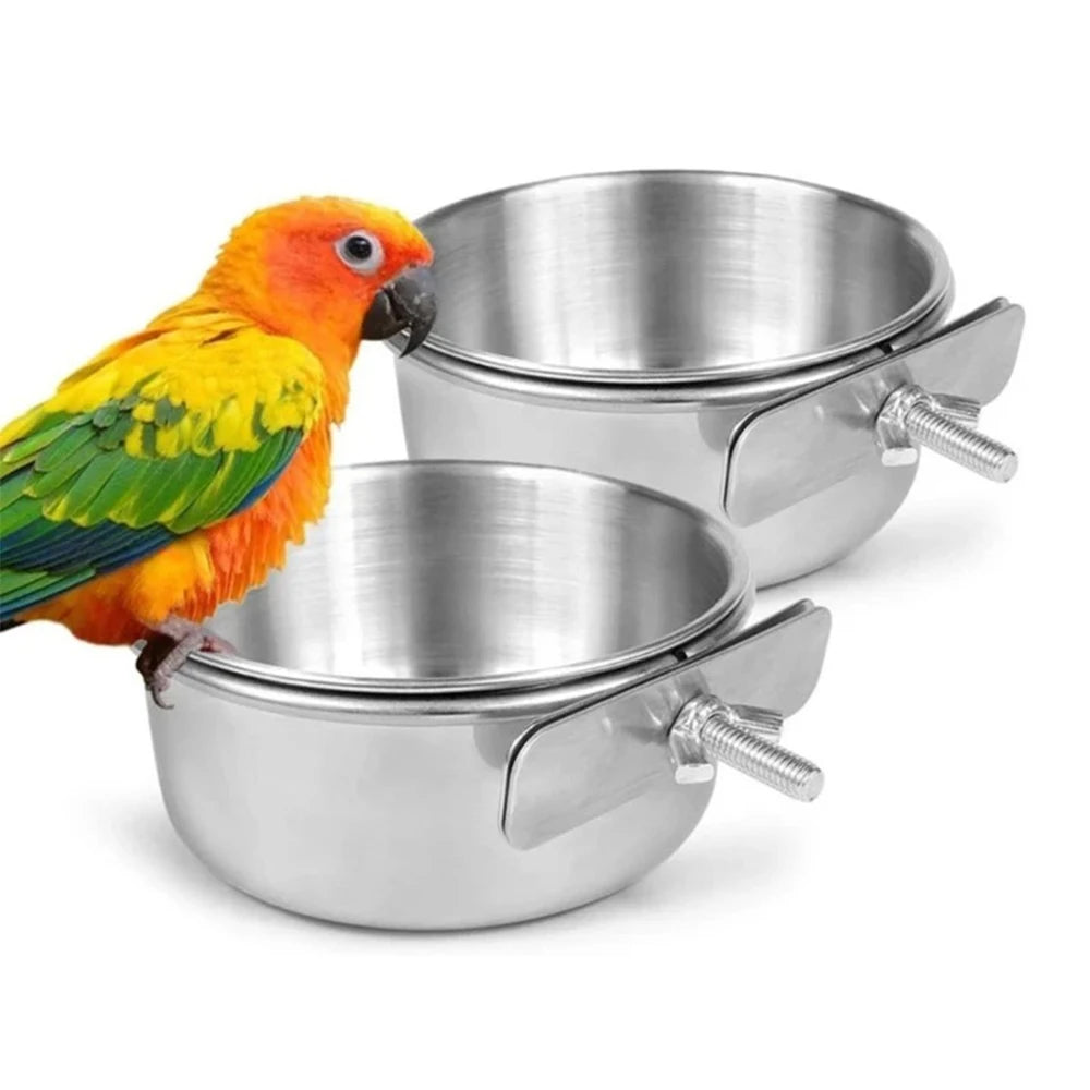 Parrot Rabbit Hamster Pet Food Dish Stainless Steel Clamp-on Water