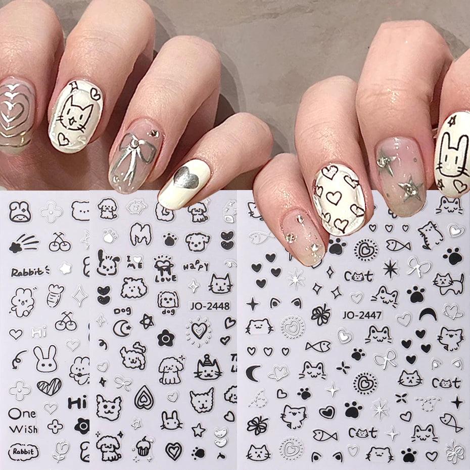 2Pcs Cartoon Cute Cat Nail Childlike Stickers Holographic Love Heart