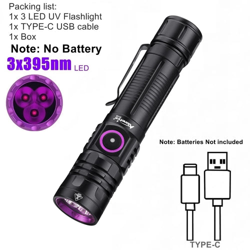 3x365nm/395nm UV LED Flashlight High power Blacklight USB Rechargeable