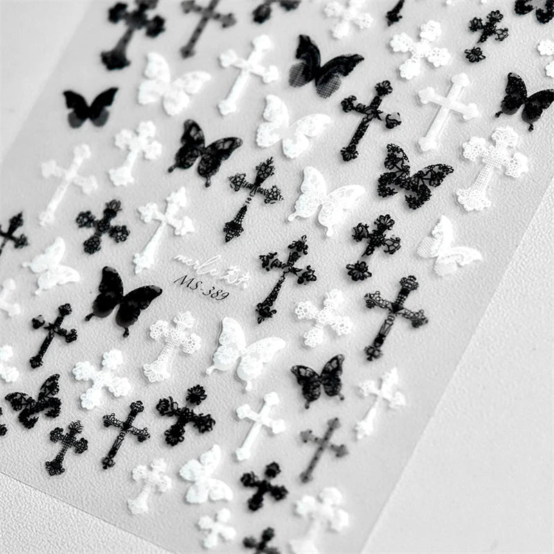 Sexy Woman Black White Lace Butterfly Cross 5D Soft Embossed Relief