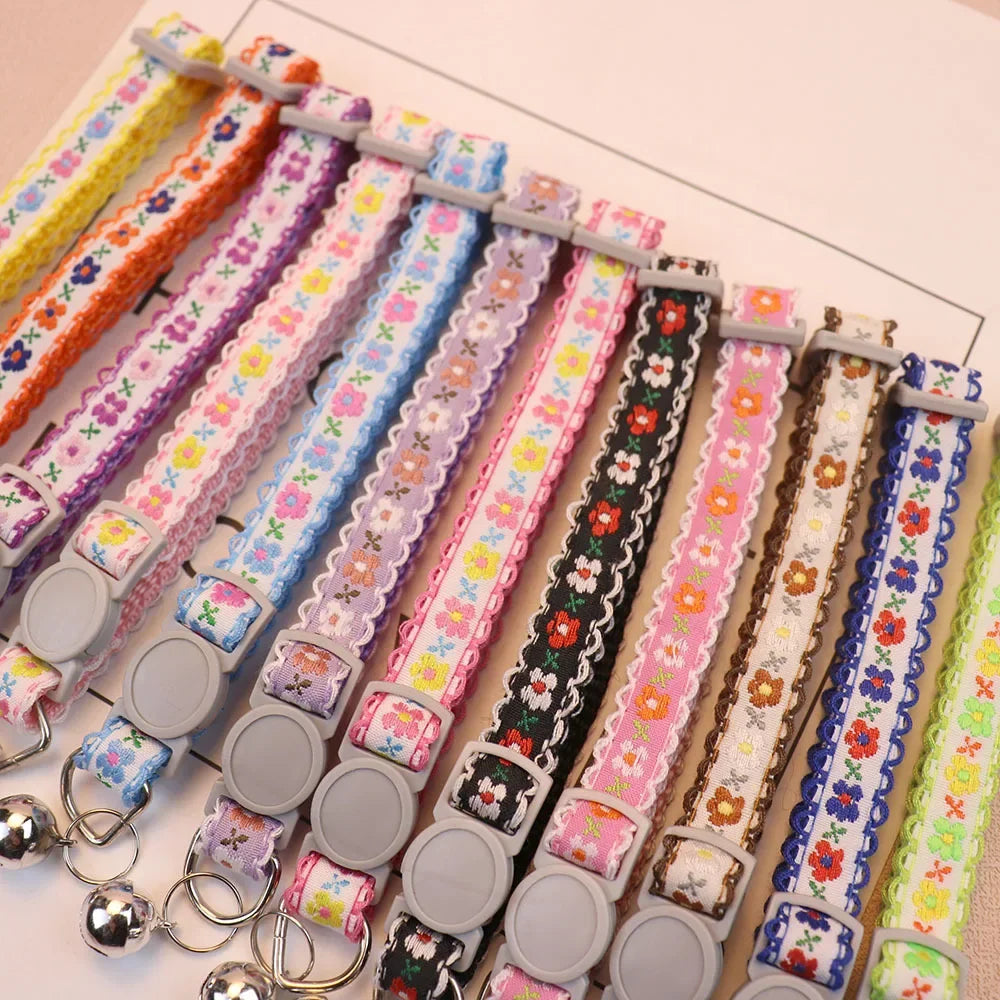Hand Knitting Flower Pet Collar With Bell Colorful Retro Style Cat