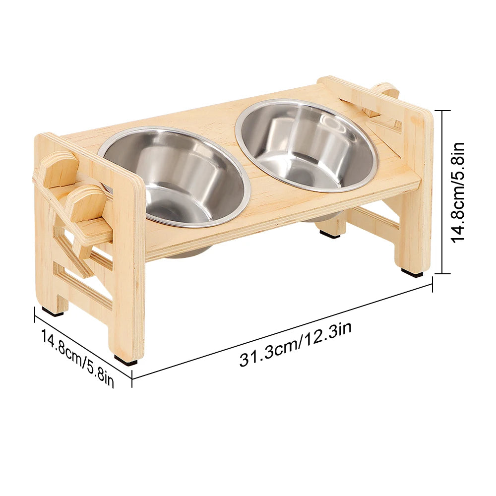 Adjustable wooden raised dog bowl stand with 2 stainless steel bowls
