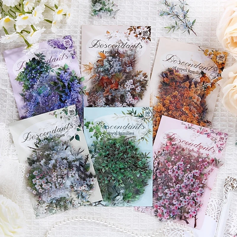 30 Pcs/Pack Vintage plant flowers PET waterproof sticker for DIY