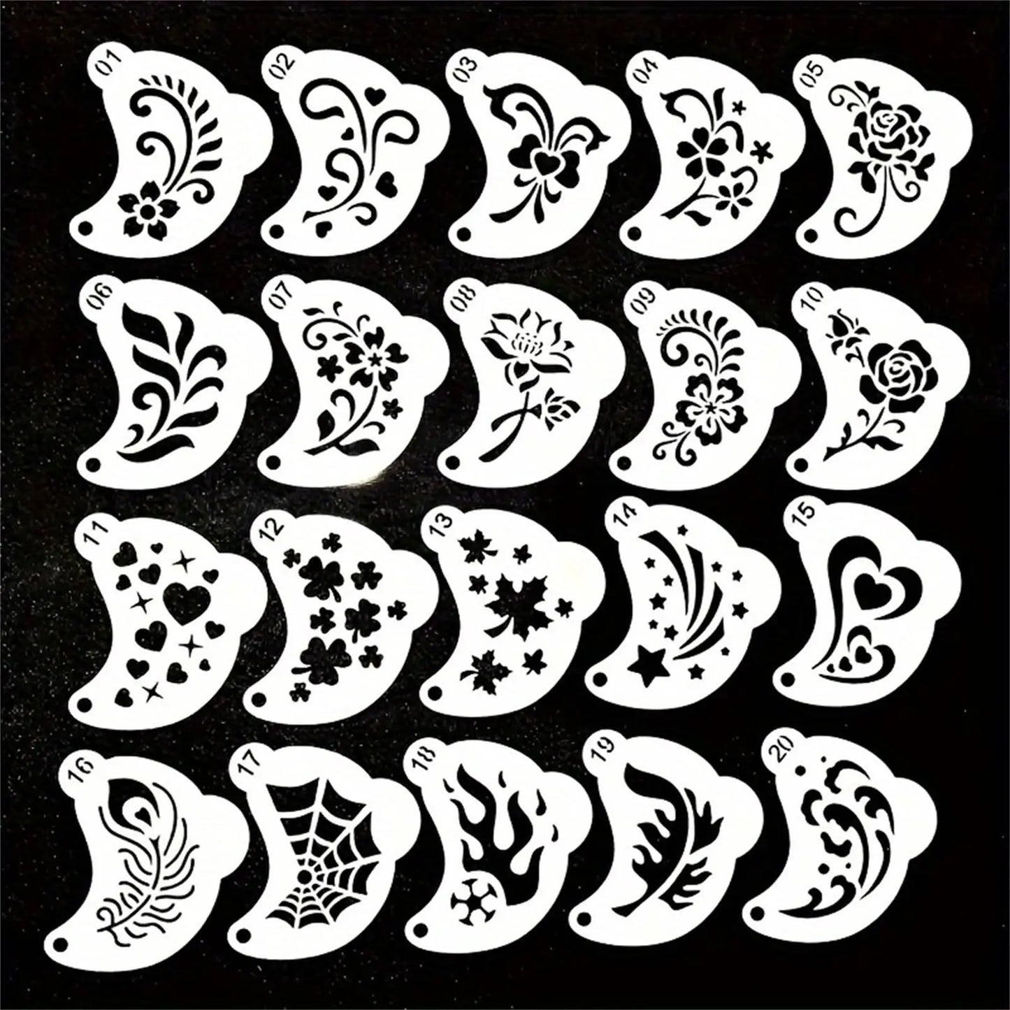 20Pcs Reusable Face Painting Stencils - Durable Pet Plastic, Washable