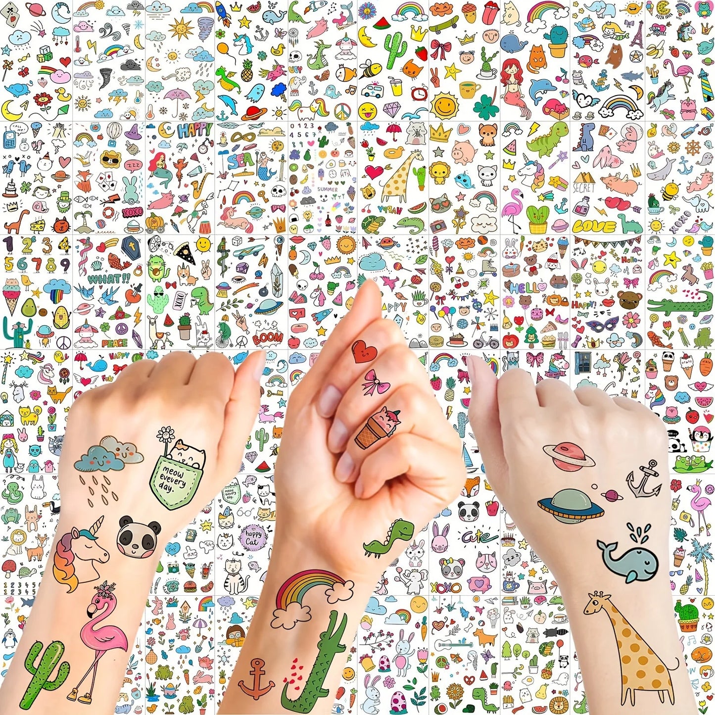 60 Sheets 1000+ Patterns Cute Cartoon Temporary Tattoos Animals Zoo