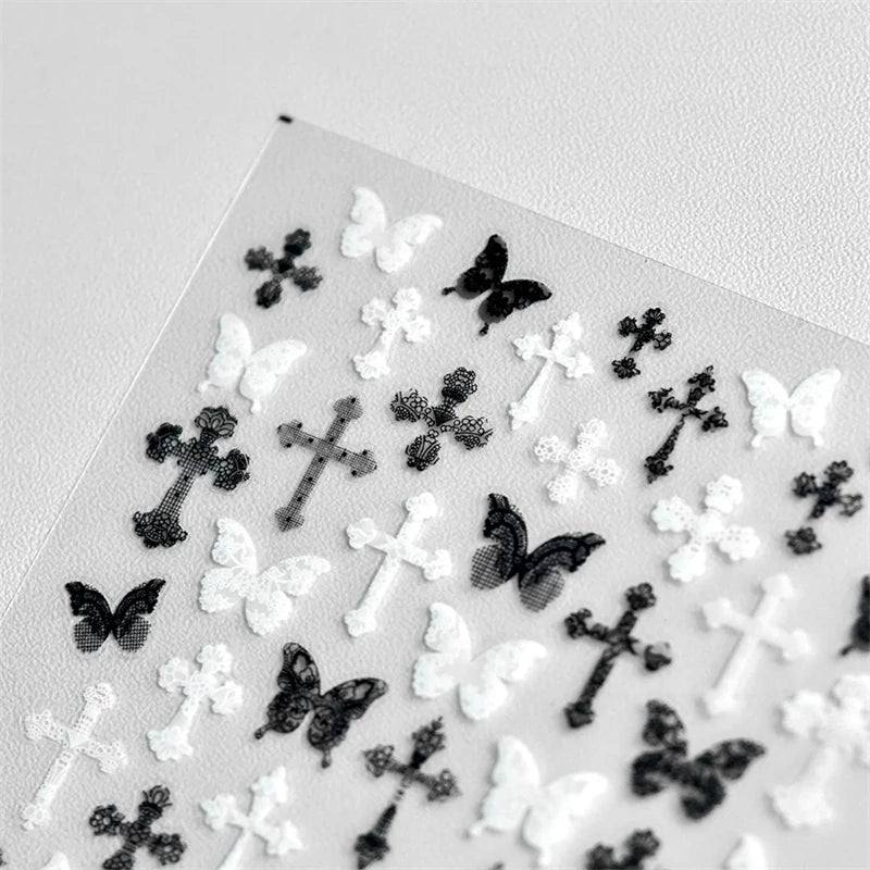 Sexy Woman Black White Lace Butterfly Cross 5D Soft Embossed Relief
