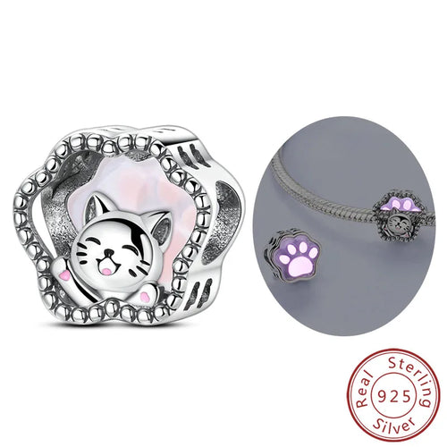 Charms 925 Sterling Silver Dog Cat Paw Print Love Pets Charms Beads
