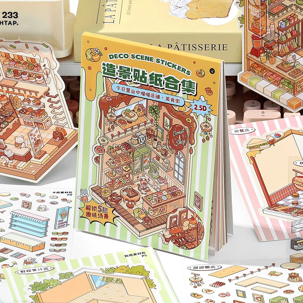 13 Pcs in 1 Book Cartoon 2.8D Landscape Sticker DIY Pocket Cabin Scene