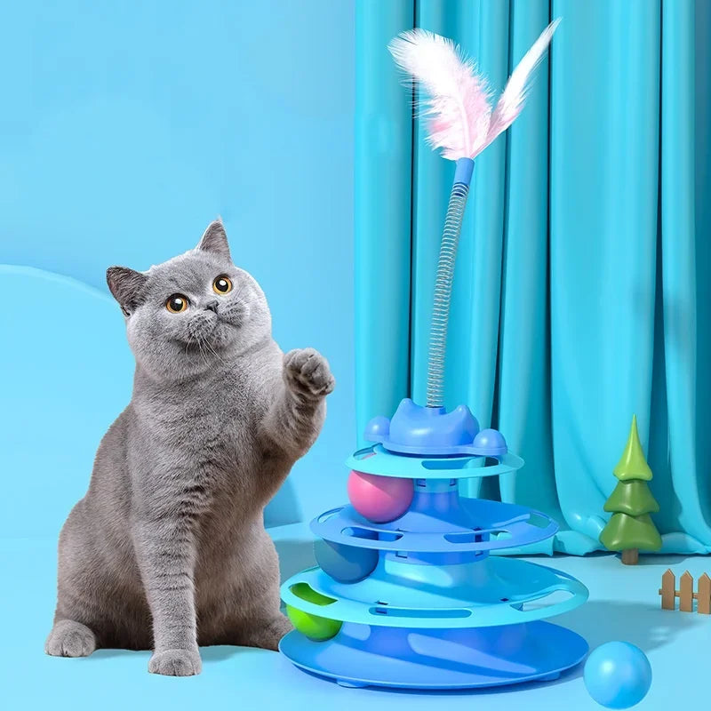 1pcs 4-Layer Feather Cat Turntable With Fun Toy Ball And Playing Stick