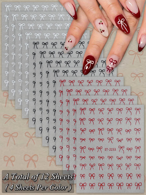 6/12/18/24/30 Sheets Bowknot Nail Stickers Cute Ribbon Design Self
