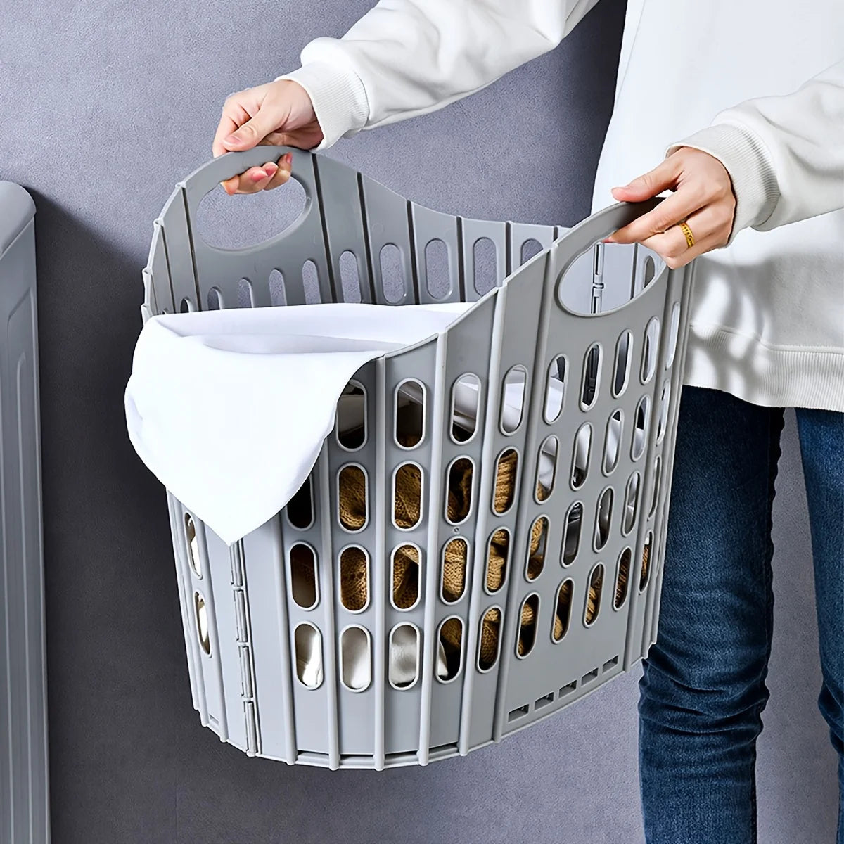 Bohemian style foldable laundry basket with handle - durable plastic