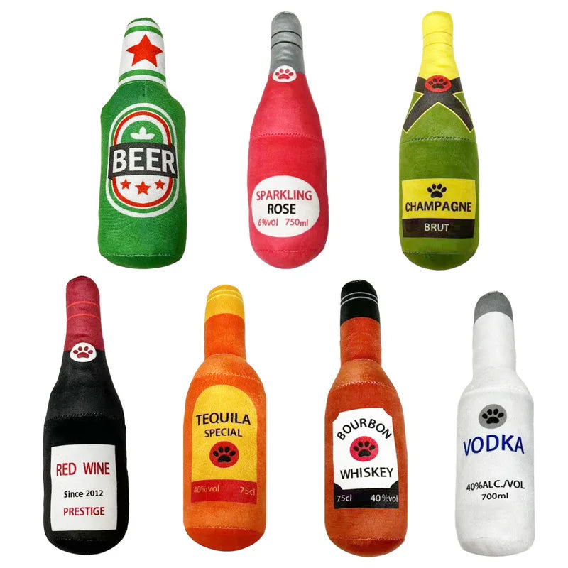 Funny Plush Dog Toys Beer Bottle Shaped Small Large Dogs Squeak Sound