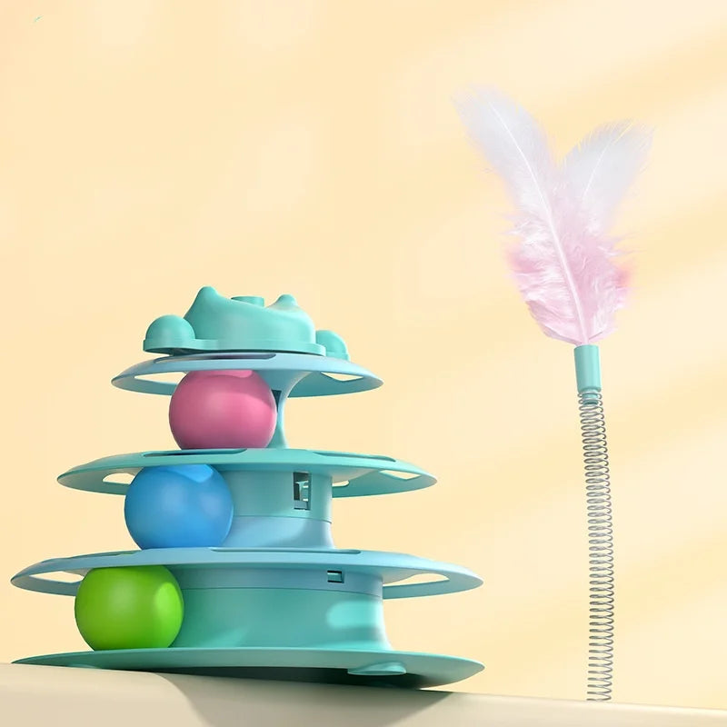 1pcs 4-Layer Feather Cat Turntable With Fun Toy Ball And Playing Stick