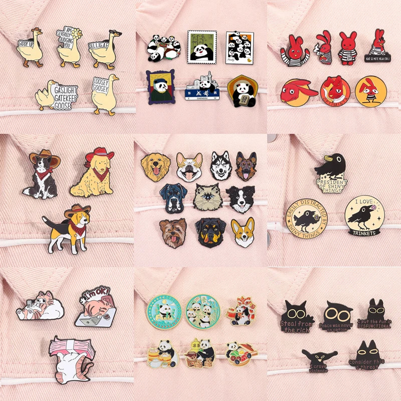3-10pcs/set Cute Animal Enamel Pins Pet Dogs Raccoon Red Eared Rabbit