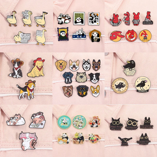 3-10pcs/set Cute Animal Enamel Pins Pet Dogs Raccoon Red Eared Rabbit