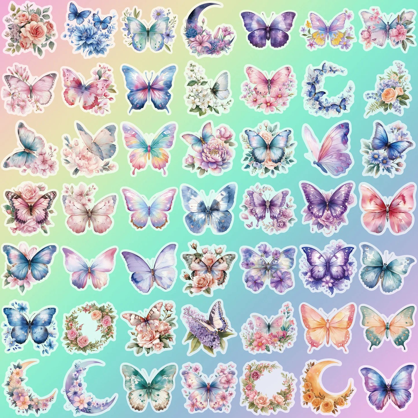 50Pcs Colorful Butterfly Sticker Pack Waterproof Transparent PET