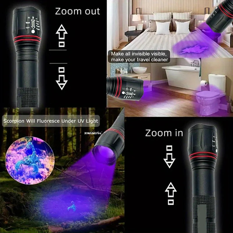 395nm LED UV Flashlight Rechargeable Zoomable Torch Light for Pet