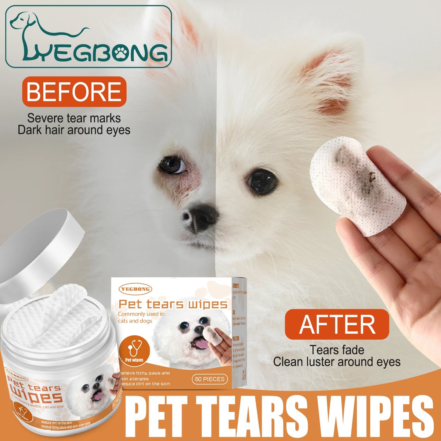 YEGBONG Pet Eye Wipe for Cats Dogs Remove Tear Marks Stain Cleaning