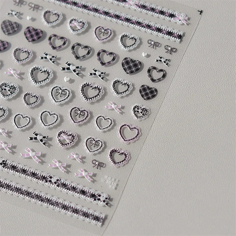 1pcs Sweet Pearl Lace Bow Nail Stickers Love Heart Pink White Black