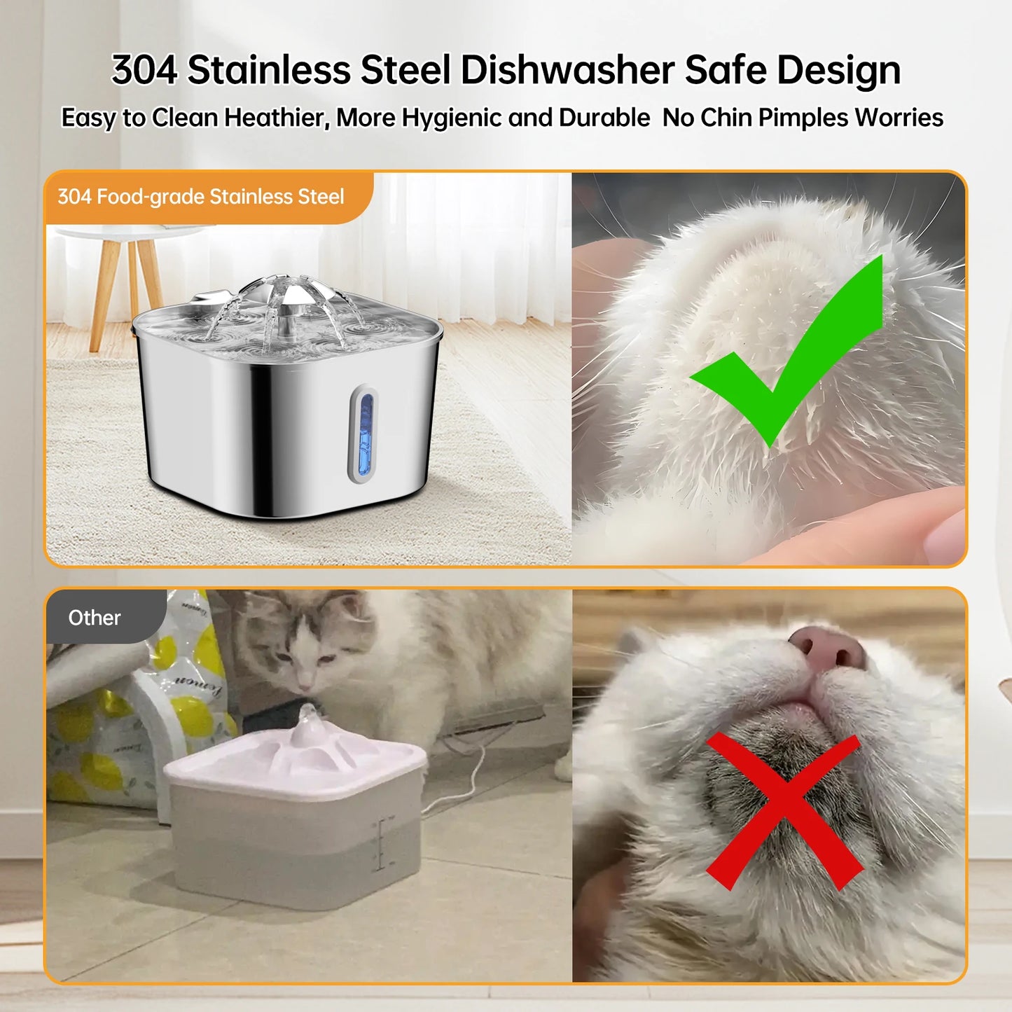 2.2L/74OZ Automatic Cat Fountain Stainless Steel Pet Water Dispenser