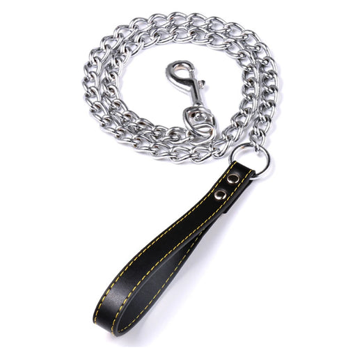 Metal Chain Dog Lead With Leather Style Handle Strong Control Leash