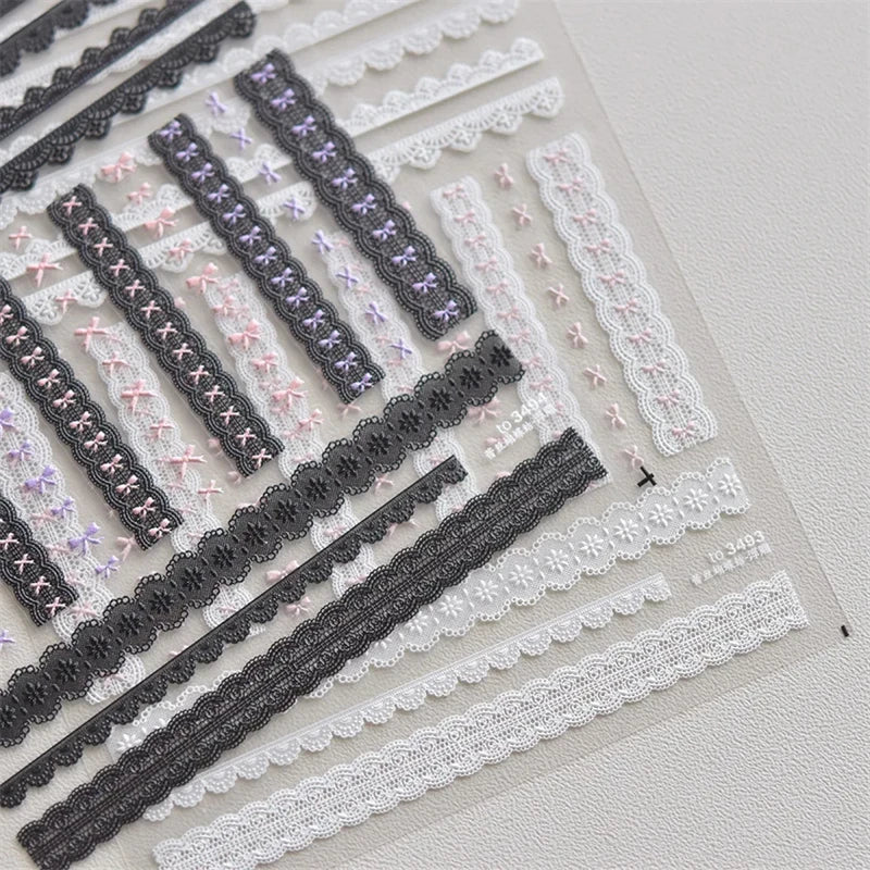 1pcs Sweet Pearl Lace Bow Nail Stickers Love Heart Pink White Black