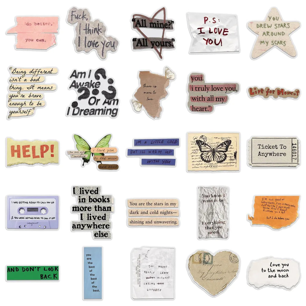 50 Pieces Vintage English Fragment Transparent Stickers - Minimalist