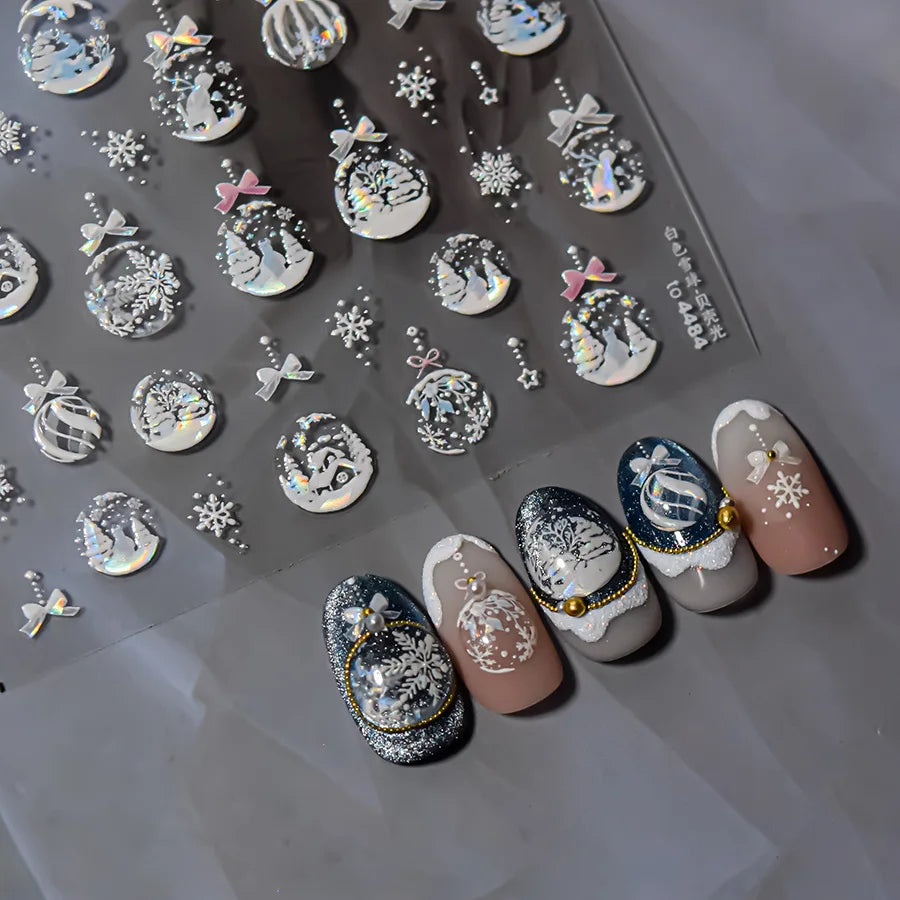 1pcs Bronzing Christmas Nail Stickers Cute Gold White Snowball