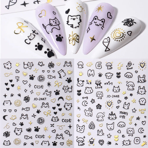 2Pcs Cartoon Cute Cat Nail Childlike Stickers Holographic Love Heart