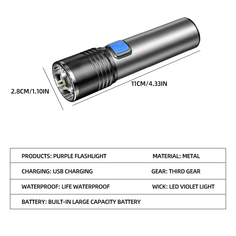 395nm UV Flashlight Blacklight Zoomable USB Rechargeable UV Light