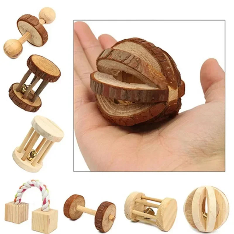 Cute Rabbit Roller Toys Natural Wooden Pine Dumbells Unicycle Bell