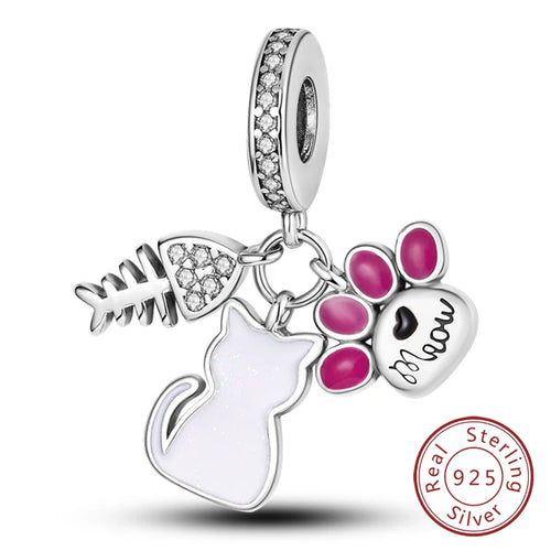 Charms 925 Sterling Silver Dog Cat Paw Print Love Pets Charms Beads