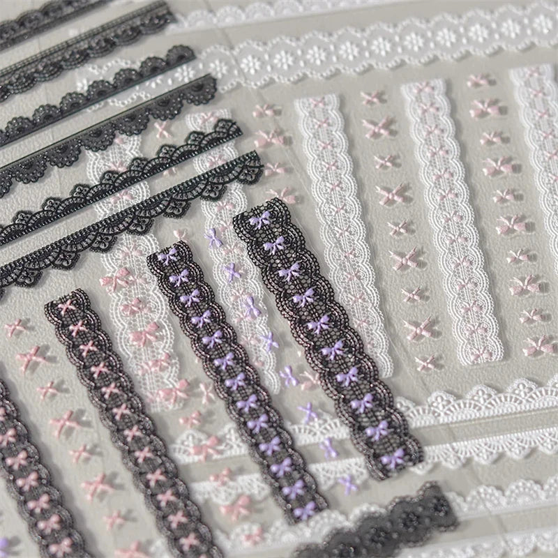 1pcs Sweet Pearl Lace Bow Nail Stickers Love Heart Pink White Black